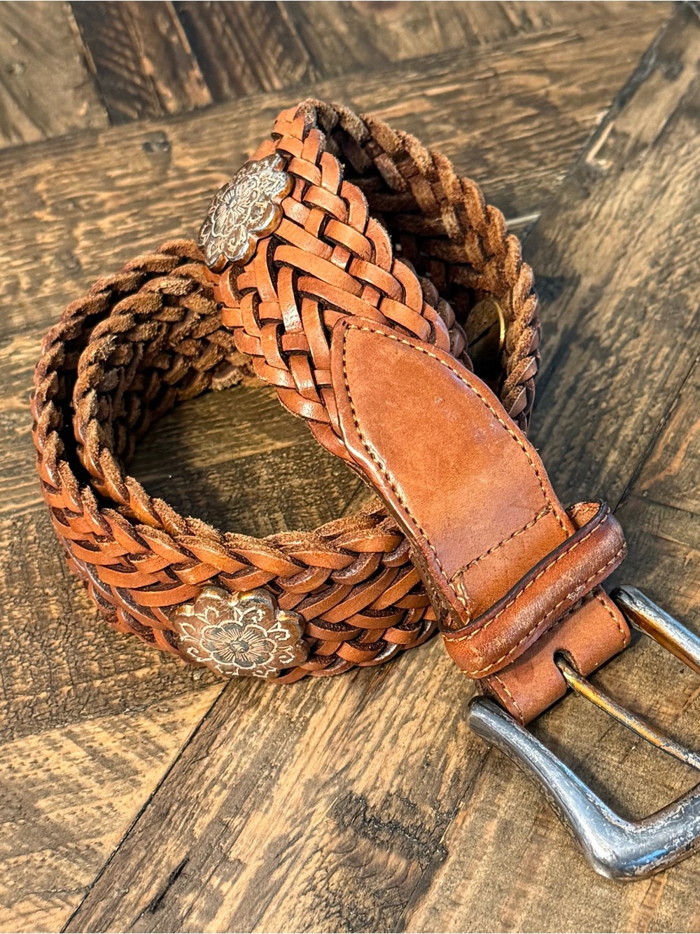 ONE WORLD Braided Leather Belt in Tan Vintage Country Rustic Western